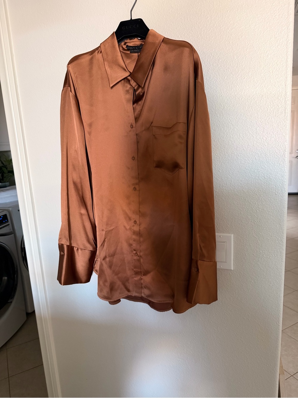 alice + olivia Camel Satin Button-Front Top